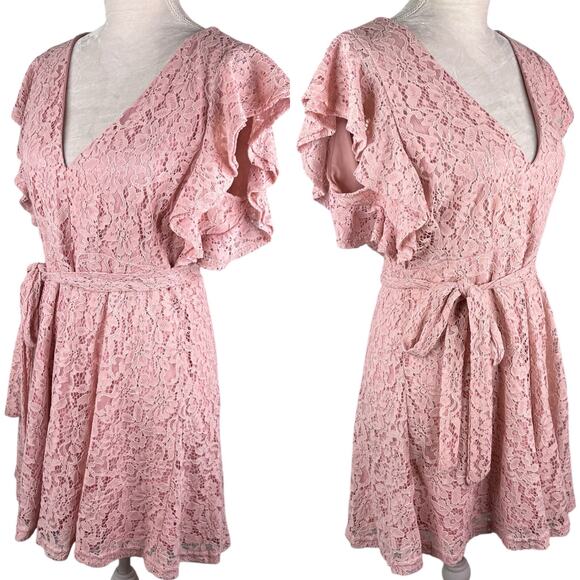 Boohoo Lace Ruffle Sleeve Skater Dress Blush 14 New - Picture 4 of 14